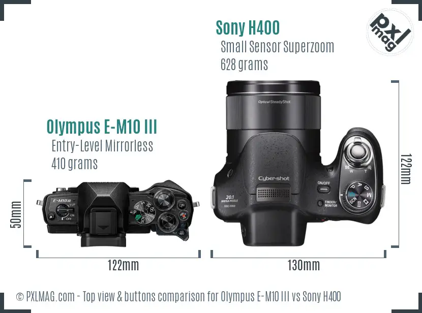 Olympus E-M10 III vs Sony H400 top view buttons comparison