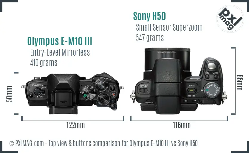 Olympus E-M10 III vs Sony H50 top view buttons comparison