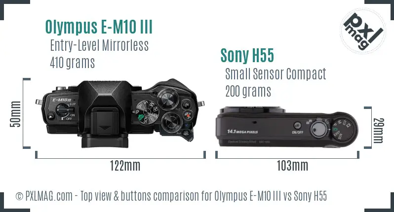 Olympus E-M10 III vs Sony H55 top view buttons comparison