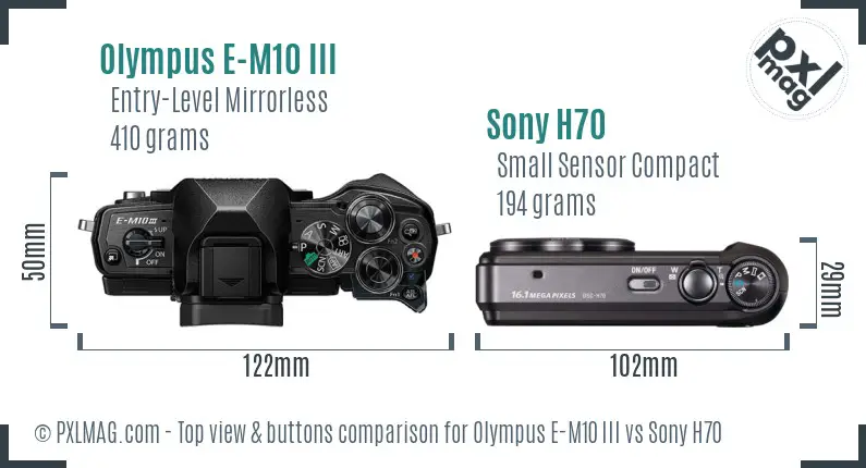 Olympus E-M10 III vs Sony H70 top view buttons comparison