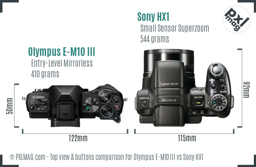 Olympus E-M10 III vs Sony HX1 top view buttons comparison