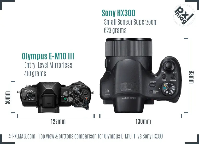 Olympus E-M10 III vs Sony HX300 top view buttons comparison