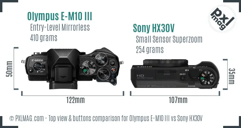 Olympus E-M10 III vs Sony HX30V top view buttons comparison