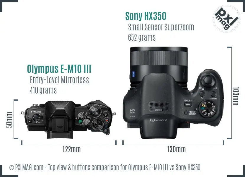 Olympus E-M10 III vs Sony HX350 top view buttons comparison
