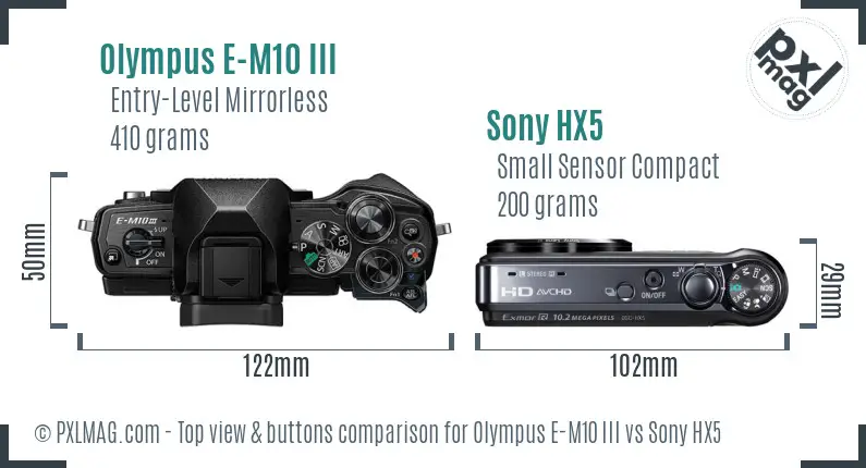 Olympus E-M10 III vs Sony HX5 top view buttons comparison