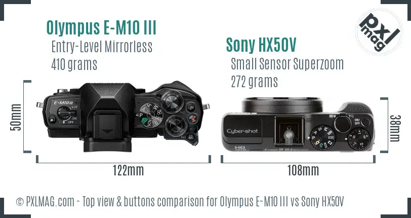 Olympus E-M10 III vs Sony HX50V top view buttons comparison