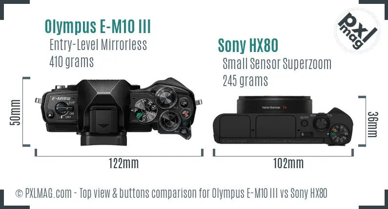 Olympus E-M10 III vs Sony HX80 top view buttons comparison