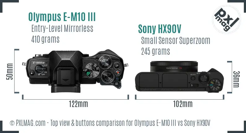 Olympus E-M10 III vs Sony HX90V top view buttons comparison