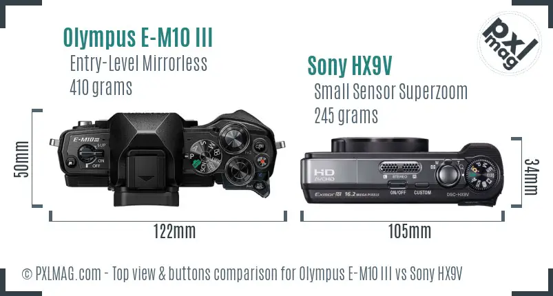 Olympus E-M10 III vs Sony HX9V top view buttons comparison