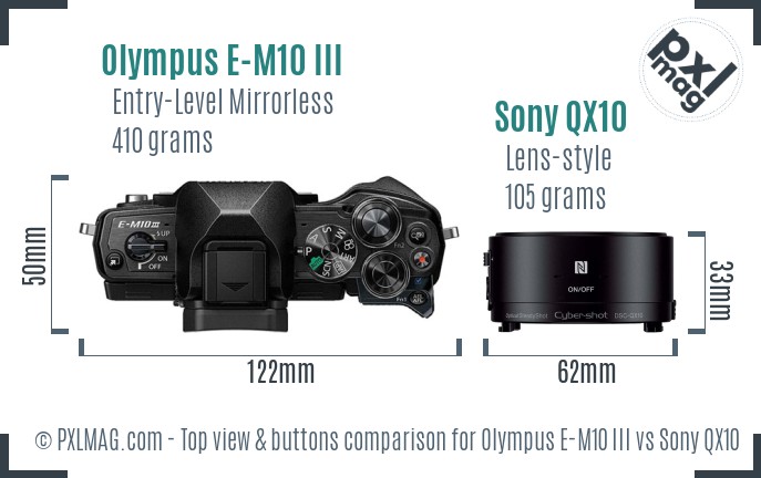 Olympus E-M10 III vs Sony QX10 top view buttons comparison