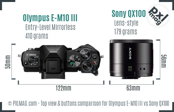 Olympus E-M10 III vs Sony QX100 top view buttons comparison
