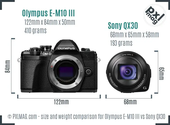 Olympus E-M10 III vs Sony QX30 size comparison