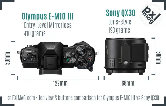 Olympus E-M10 III vs Sony QX30 top view buttons comparison