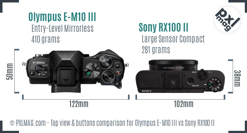 Olympus E-M10 III vs Sony RX100 II top view buttons comparison