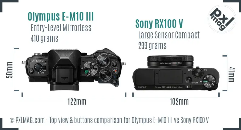 Olympus E-M10 III vs Sony RX100 V top view buttons comparison