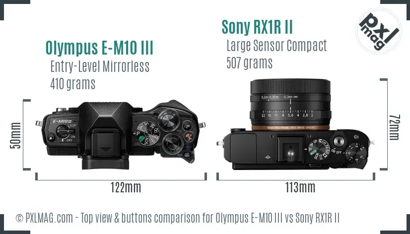 Olympus E-M10 III vs Sony RX1R II top view buttons comparison