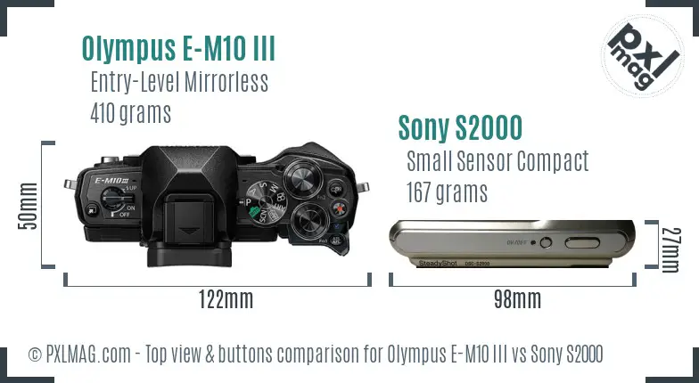Olympus E-M10 III vs Sony S2000 top view buttons comparison Olympus E-M10 III vs Sony S2000 top view buttons comparison