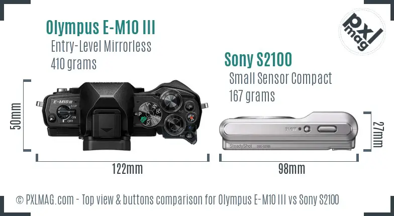 Olympus E-M10 III vs Sony S2100 top view buttons comparison