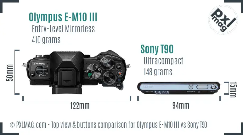 Olympus E-M10 III vs Sony T90 top view buttons comparison