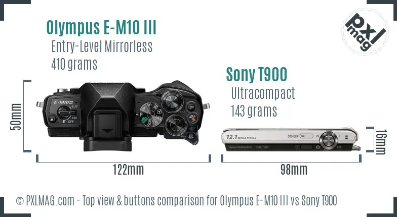 Olympus E-M10 III vs Sony T900 top view buttons comparison Olympus E-M10 III vs Sony T900 top view buttons comparison