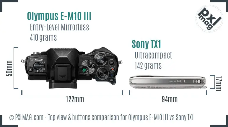 Olympus E-M10 III vs Sony TX1 top view buttons comparison
