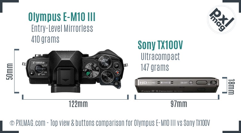 Olympus E-M10 III vs Sony TX100V top view buttons comparison