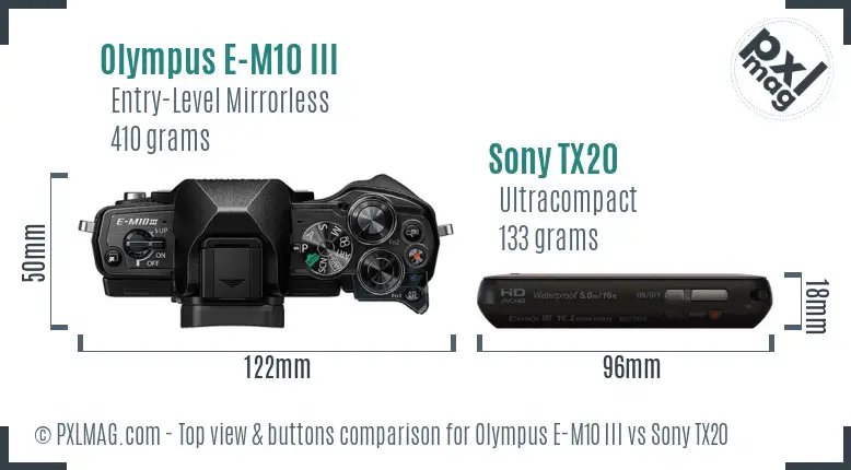 Olympus E-M10 III vs Sony TX20 top view buttons comparison