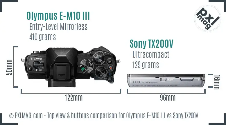 Olympus E-M10 III vs Sony TX200V top view buttons comparison Olympus E-M10 III vs Sony TX200V top view buttons comparison