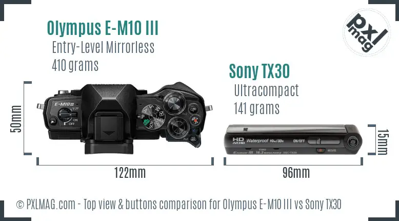 Olympus E-M10 III vs Sony TX30 top view buttons comparison Olympus E-M10 III vs Sony TX30 top view buttons comparison