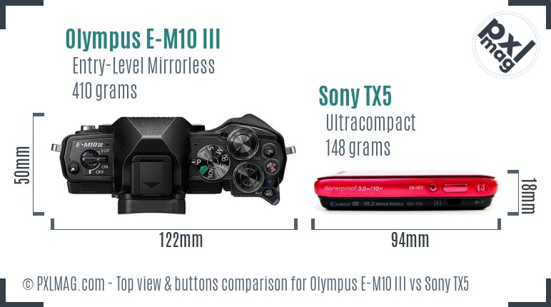 Olympus E-M10 III vs Sony TX5 top view buttons comparison