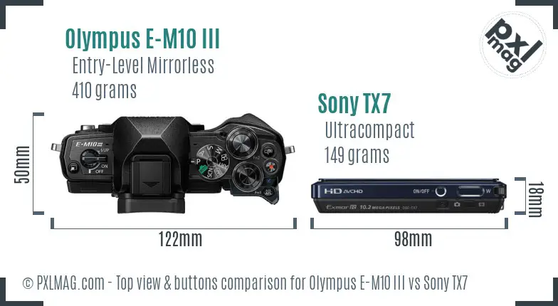 Olympus E-M10 III vs Sony TX7 top view buttons comparison Olympus E-M10 III vs Sony TX7 top view buttons comparison