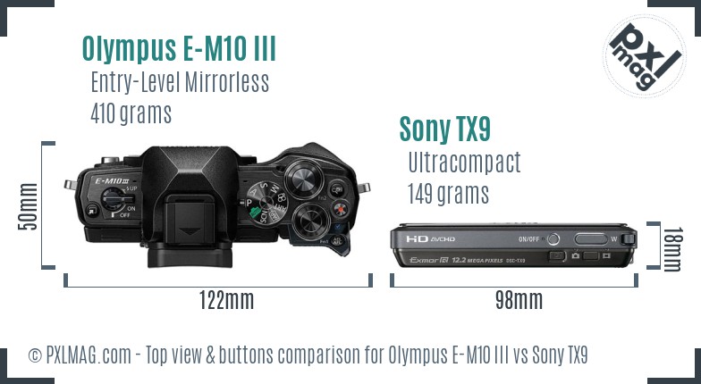 Olympus E-M10 III vs Sony TX9 top view buttons comparison