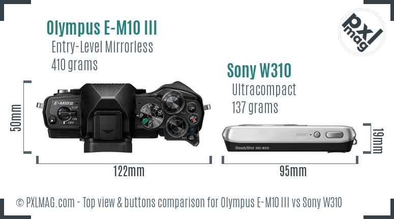 Olympus E-M10 III vs Sony W310 top view buttons comparison