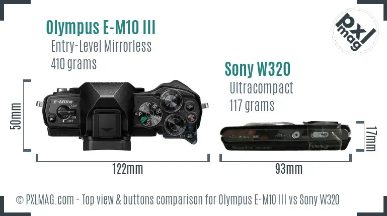 Olympus E-M10 III vs Sony W320 top view buttons comparison