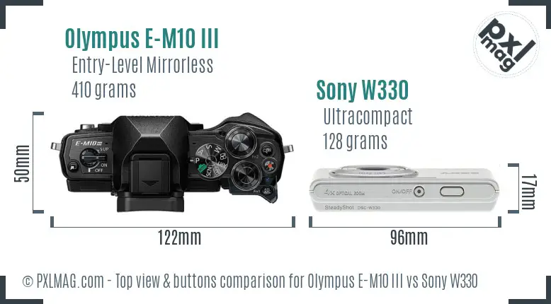 Olympus E-M10 III vs Sony W330 top view buttons comparison