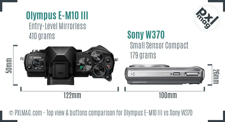 Olympus E-M10 III vs Sony W370 top view buttons comparison Olympus E-M10 III vs Sony W370 top view buttons comparison