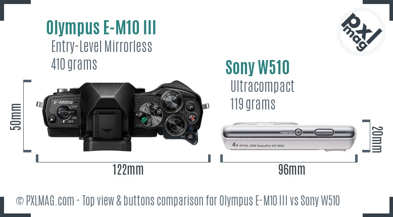 Olympus E-M10 III vs Sony W510 top view buttons comparison