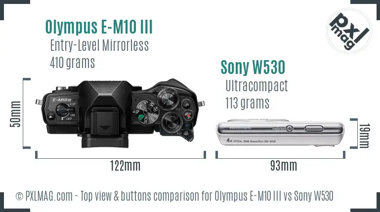 Olympus E-M10 III vs Sony W530 top view buttons comparison