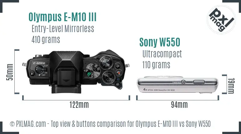 Olympus E-M10 III vs Sony W550 top view buttons comparison Olympus E-M10 III vs Sony W550 top view buttons comparison