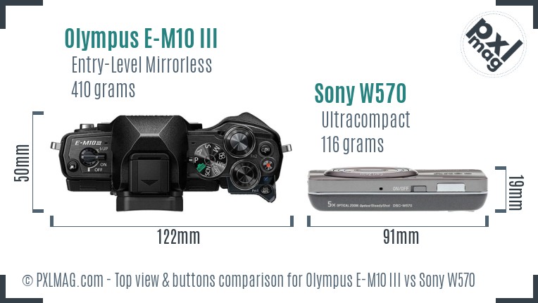 Olympus E-M10 III vs Sony W570 top view buttons comparison