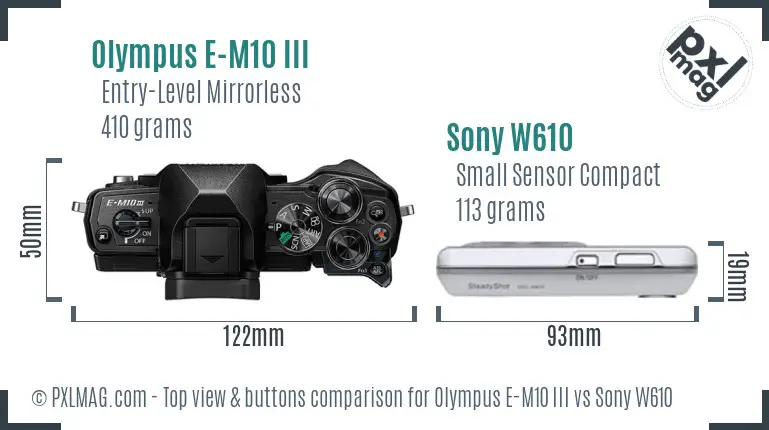 Olympus E-M10 III vs Sony W610 top view buttons comparison