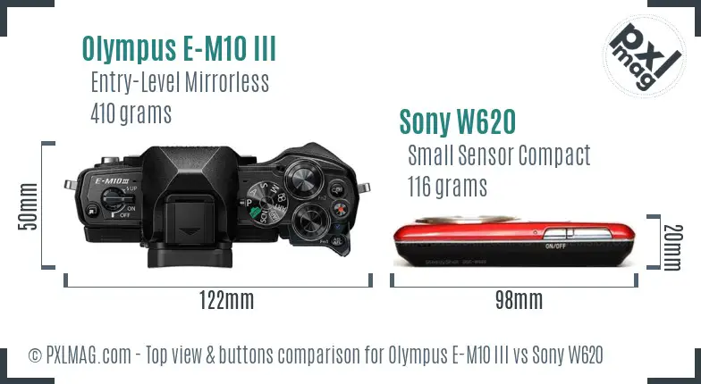 Olympus E-M10 III vs Sony W620 top view buttons comparison