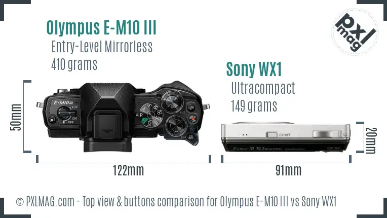 Olympus E-M10 III vs Sony WX1 top view buttons comparison