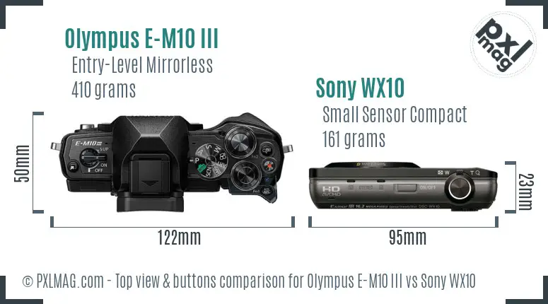 Olympus E-M10 III vs Sony WX10 top view buttons comparison Olympus E-M10 III vs Sony WX10 top view buttons comparison