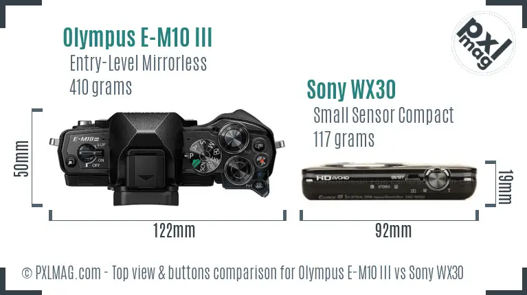 Olympus E-M10 III vs Sony WX30 top view buttons comparison