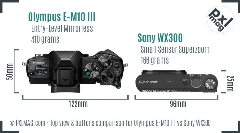 Olympus E-M10 III vs Sony WX300 top view buttons comparison