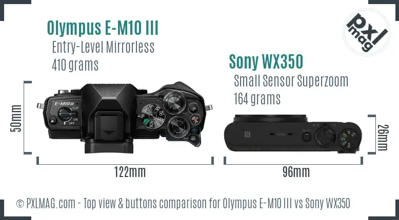 Olympus E-M10 III vs Sony WX350 top view buttons comparison