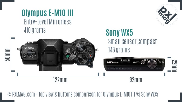 Olympus E-M10 III vs Sony WX5 top view buttons comparison