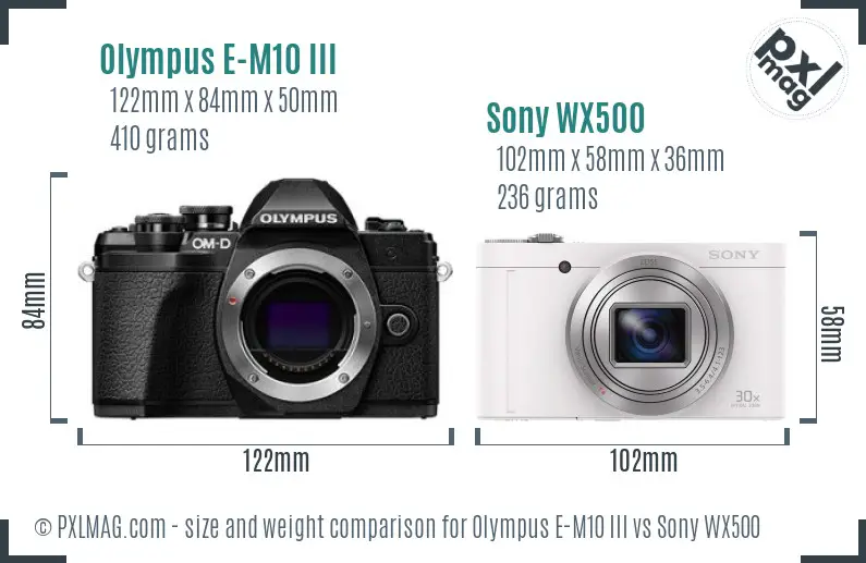 Olympus E-M10 III vs Sony WX500 size comparison