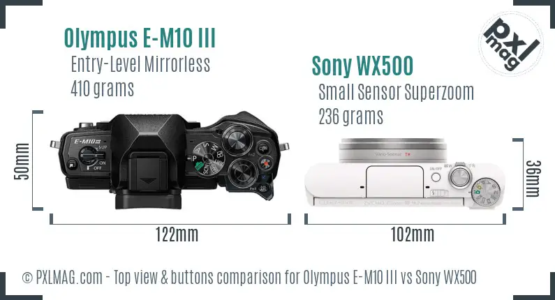 Olympus E-M10 III vs Sony WX500 top view buttons comparison